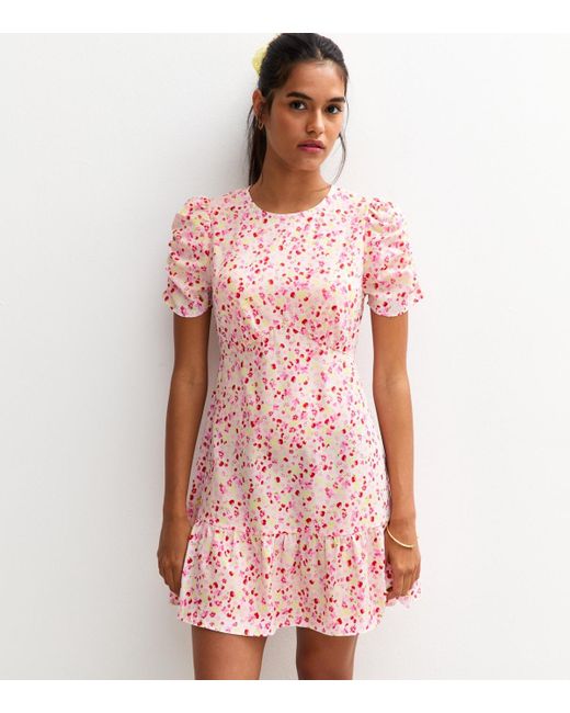 New Look Pink Crepe Fruit And Strawberry Print Tiered Hem Mini Dress