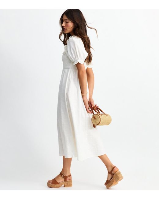 New Look White Shirred Frill Trim Midi Dress
