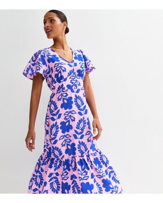 New Look Blue Crinkle Texture Folk Print Midi Tea Dress