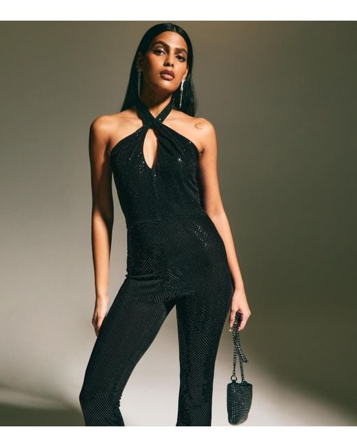 New Look Green Halterneck Sequinned Jersey Flared Jumpsuit