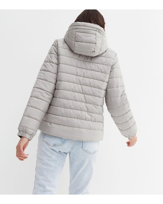 New Look Synthetic Light Grey Lightweight Hooded Puffer Jacket in Pale