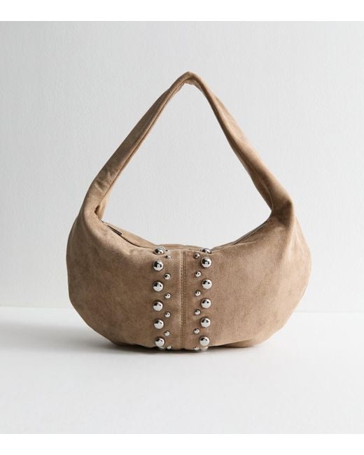 New Look White Faux Suede Studded Shoulder Bag