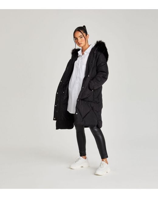 Urban Bliss Quilted Faux Fur Hooded Parka Jacket New Look in Black ...