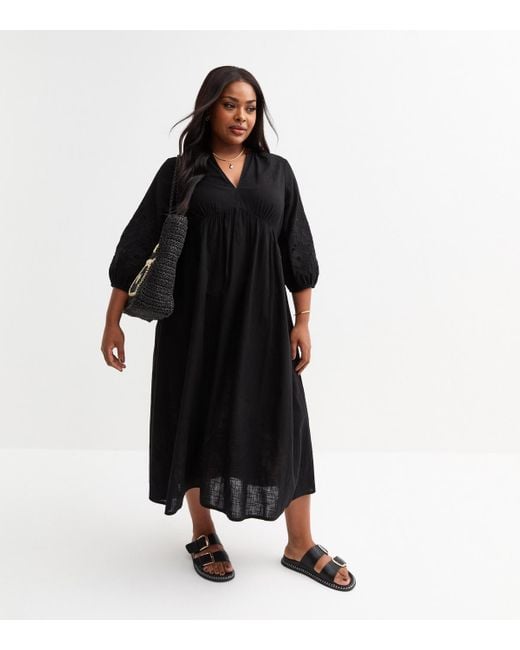 New Look Black Plus Size Embroidered Sleeve Midi Smock Dress Curves