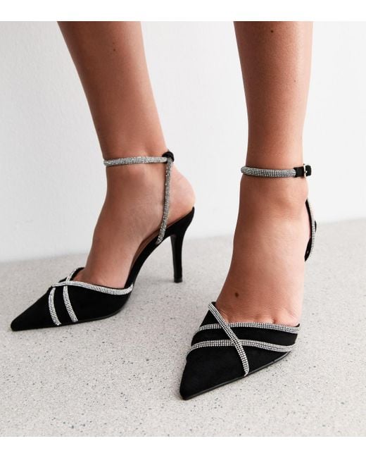 New Look Black Faux Suede Diamanté Strap Open Court Shoes