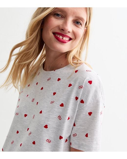 New Look Gray Christmas Jersey Heart Print Pyjama Set