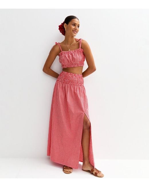 New Look Red Gingham Check Slit Hem Maxi Skirt