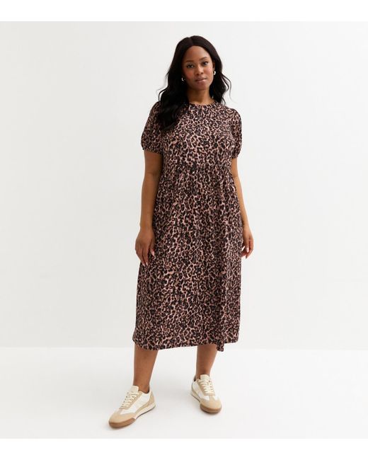 New Look Brown Plus Size Leopard Print Crinkled Bow Back Smock Midi Dress Curves