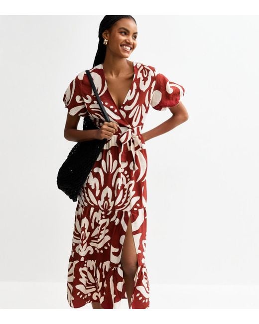 New Look Tall Floral Print Crinkle Texture Tiered Wrap Midi Dress
