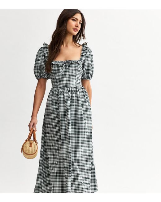 New Look Blue Checked Corset Bodice Midi Dress