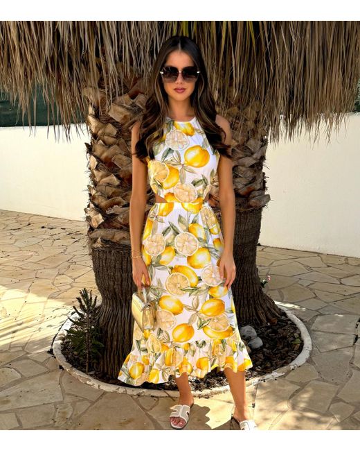 AX Paris Metallic Lemon Print Cut Out Waist Frill Hem Midi Dress New Look