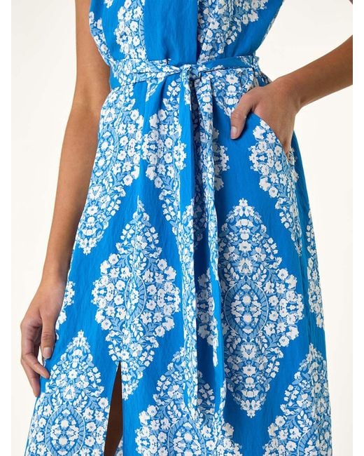 Roman Blue Geometric Print Belted Shirt Midi Dress
