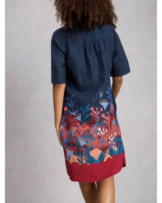 chinese dress ladies White Stuff Reno Floral Linen Shirt Dress, Blue