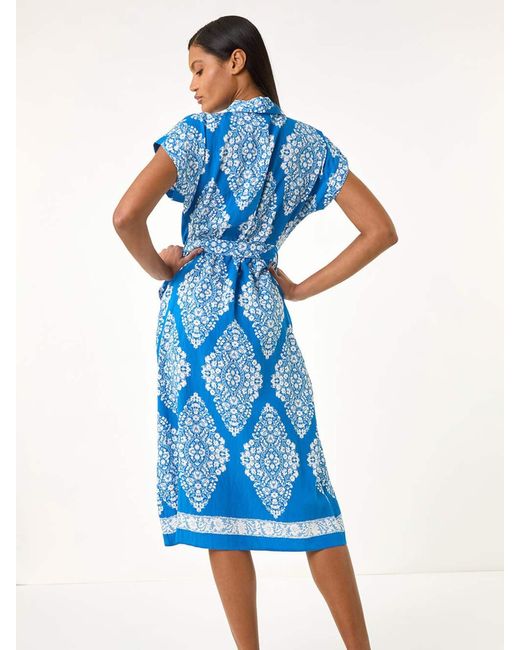 Roman Blue Geometric Print Belted Shirt Midi Dress