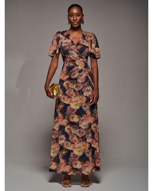 Jolie Moi Brown Angel Sleeve Draped Mesh Maxi Dress