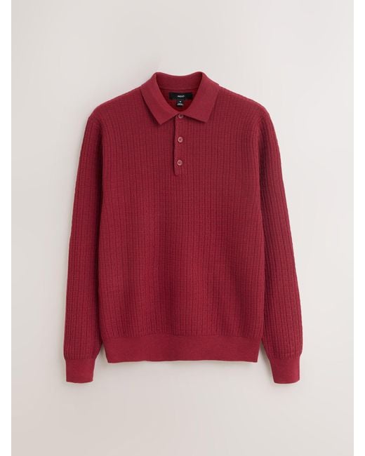 Next Red Texture Regular Fit Essential Long Sleeve Knitted Polo Shirt for men