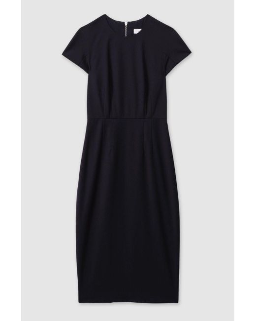 Reiss Blue Wool Textured Cap Sleeve Midi Dress