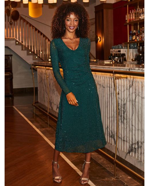 Sosandar Embellished Fit & Flare Midi Dress in Green | Lyst