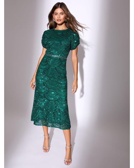 Lipsy Green Sleeve Fit Premium Sequin Embellished Short And Flare Midi Dress