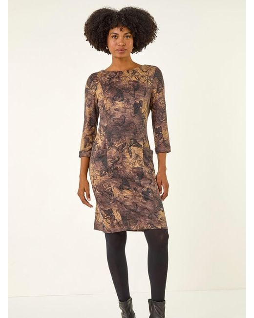 Roman Brown Butterfly Pocket Stretch Shift Dress