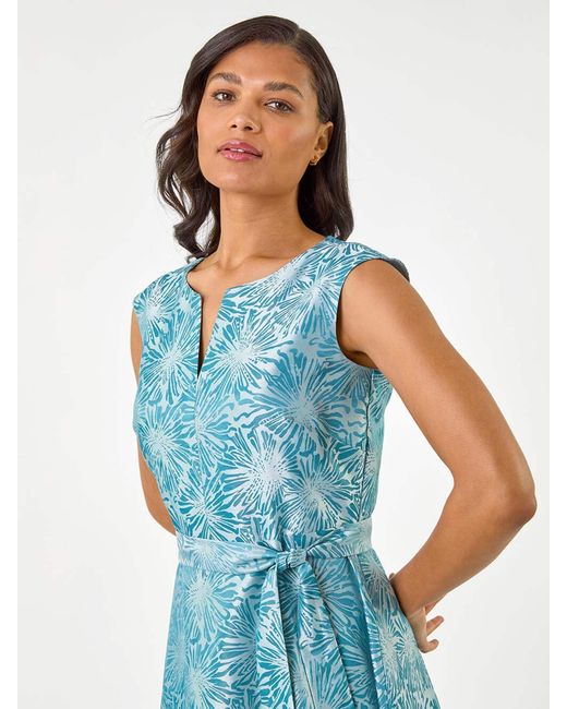 Roman Blue Jacquard Bow Front Fit And Flare Dress