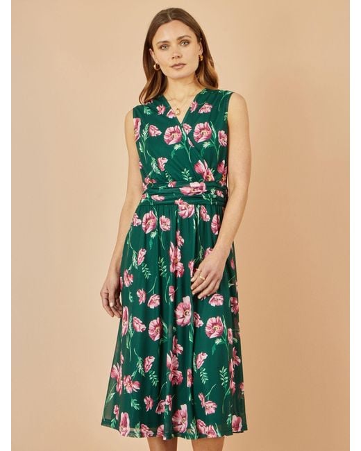Yumi' Blue Floral Print Mesh Stretch Midi Dress With Pockets