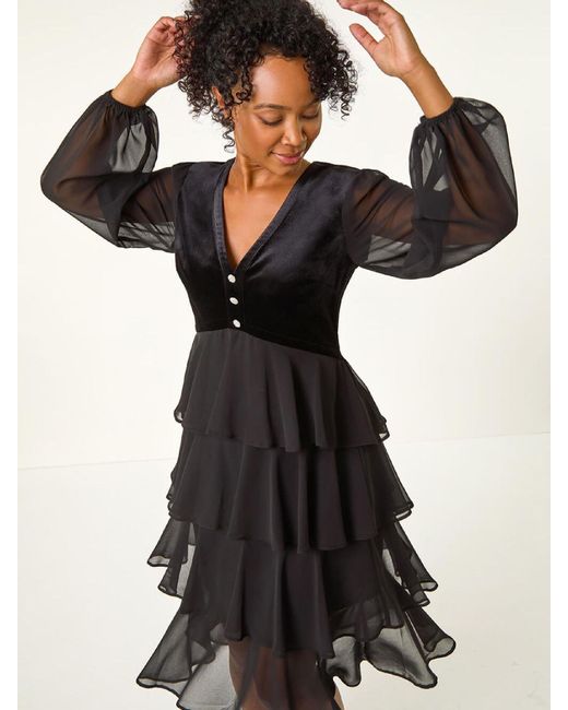 Roman Petite Velvet Bodice Layered Dress in Black | Lyst