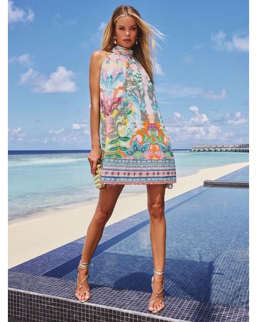 Lipsy Blue Printed Halter Neck Mini Shift Dress