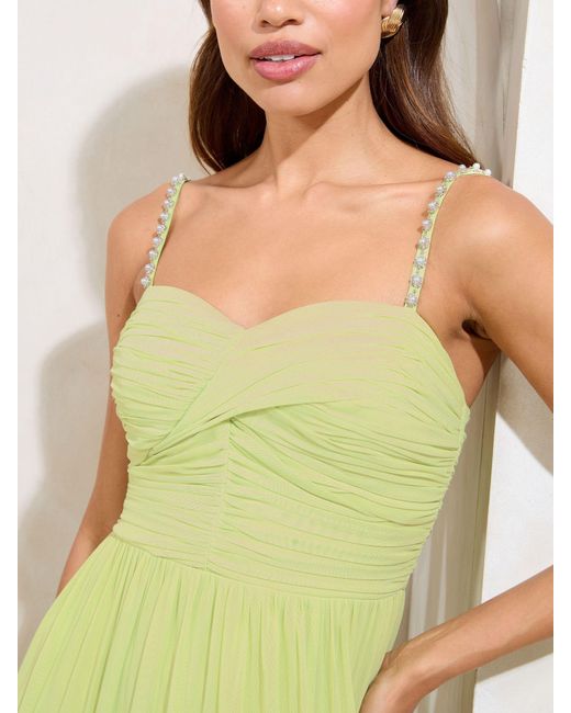 Lipsy Green Embellished Strap Ruched Mesh Maxi Dress