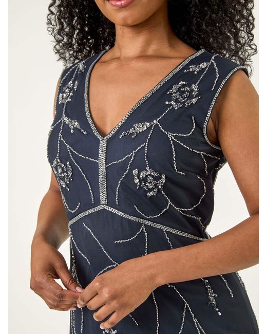 Roman Blue Petite Embellished V-Neck Midi Dress