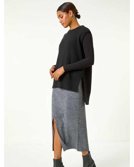 Roman Black Front Split Knitted Midi Skirt