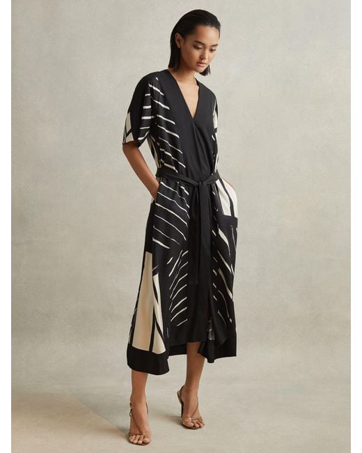 Reiss Black Cami Printed Satin Midi Dress