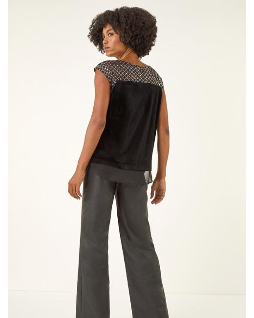 Roman Black Velvet Sequin Mesh Blouse