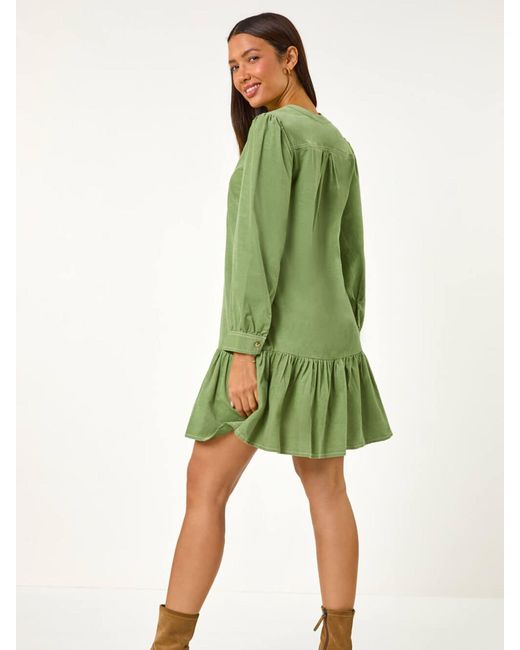 Roman Green Corduroy Button Detail A-Line Dress