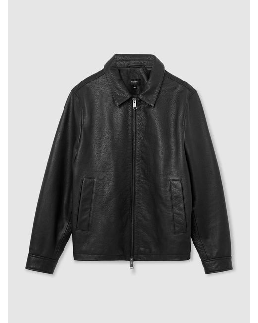 Reiss Black Ortega Leather Collared Zip-Through Jacket for men