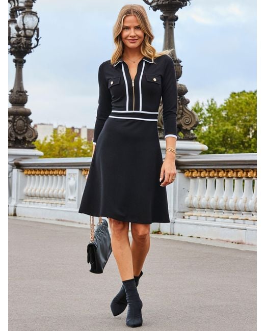 Sosandar Black Contrast Trim Zip Front Dress