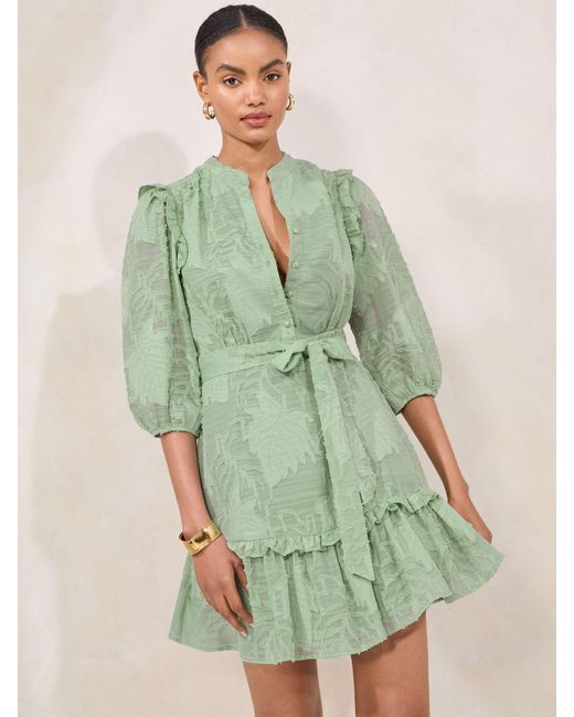 Lipsy Green Textured Burnout 3/4 Sleeve Belted Mini Shirt Dress