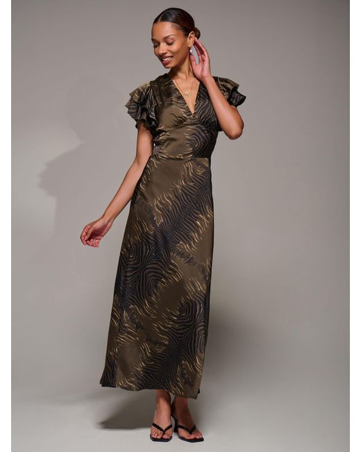 Jolie Moi Women's Brown Ruffle Sleeve Print Satin Maxi Dress