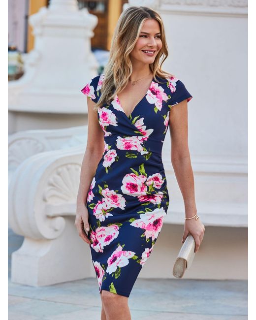 Sosandar Blue Floral Print Ruffle Detail Midi Dress