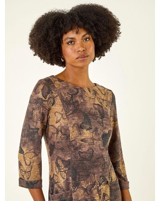 Roman Brown Butterfly Pocket Stretch Shift Dress