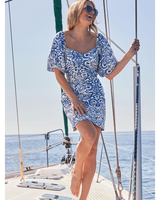 Sosandar Blue Scarf Print Linen Blend Puff Sleeve Belted Dress