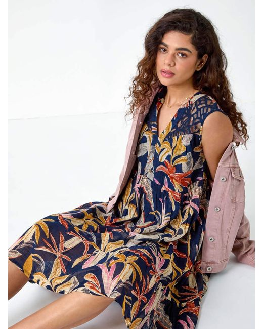 Roman Blue 100% Cotton Tropical Lace Detail Tiered Dress