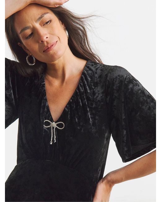 JD Williams Black V-Neck Short Sleeve Bow Crushed Velvet Dress