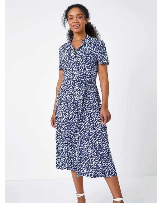 Roman Blue Petite Ditsy Floral Print Shirt Dress