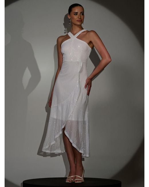 Jolie Moi Gray Sequin Cross Neck Frill Wrap Hem Maxi Dress