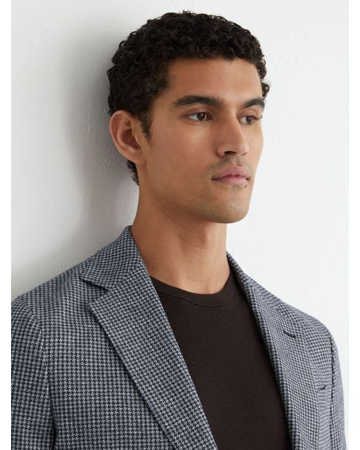 Reiss Gray Houndstooth Single-Breasted Blazer Cotton-Blend Tailored-Fit for men