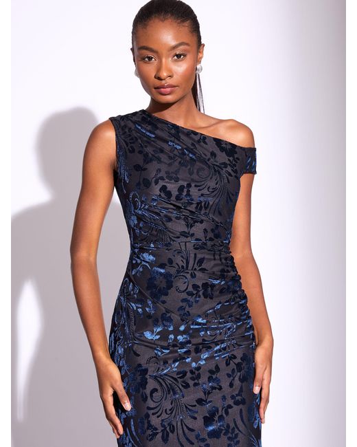 Lipsy Blue Velvet Devore One Shoulder Slash Neck Bodycon Midi Dress