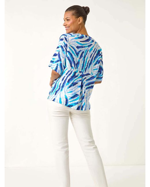 Roman Blue Animal Print Pleated Tunic Top