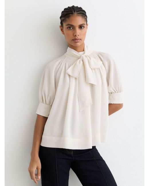 Reiss White Tie-Neck Short-Sleeve Blouse