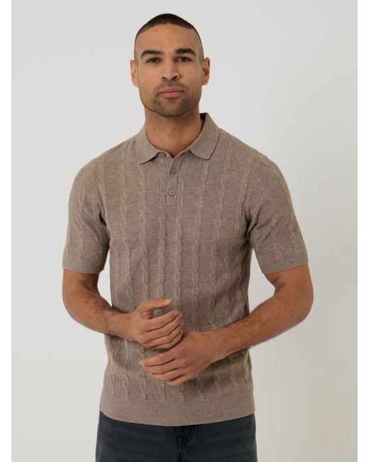 Threadbare Brown Cable Stripe Knitted Button Polo Shirt for men